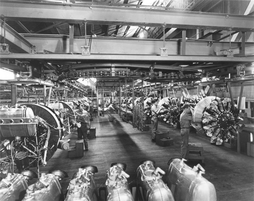 Workers assembling Pratt and Whitney radial engines for Vultee trainers at Downey in 1943